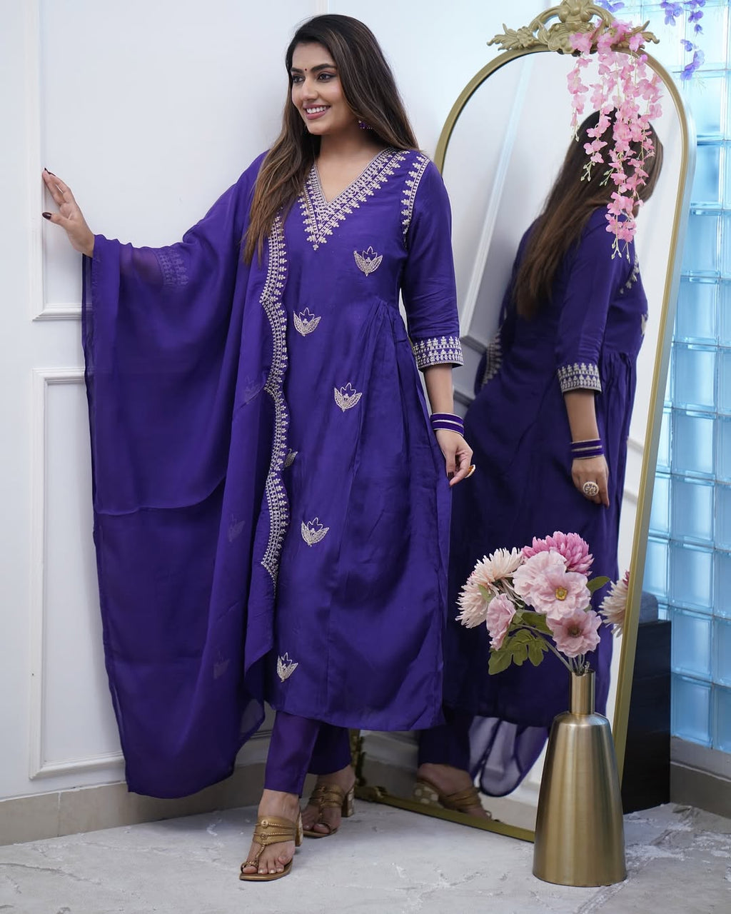 Aadesh Fashion Kavita Deep Purple PV Chanderi Flared Kurti Pant Set with Cutwork Dupatta