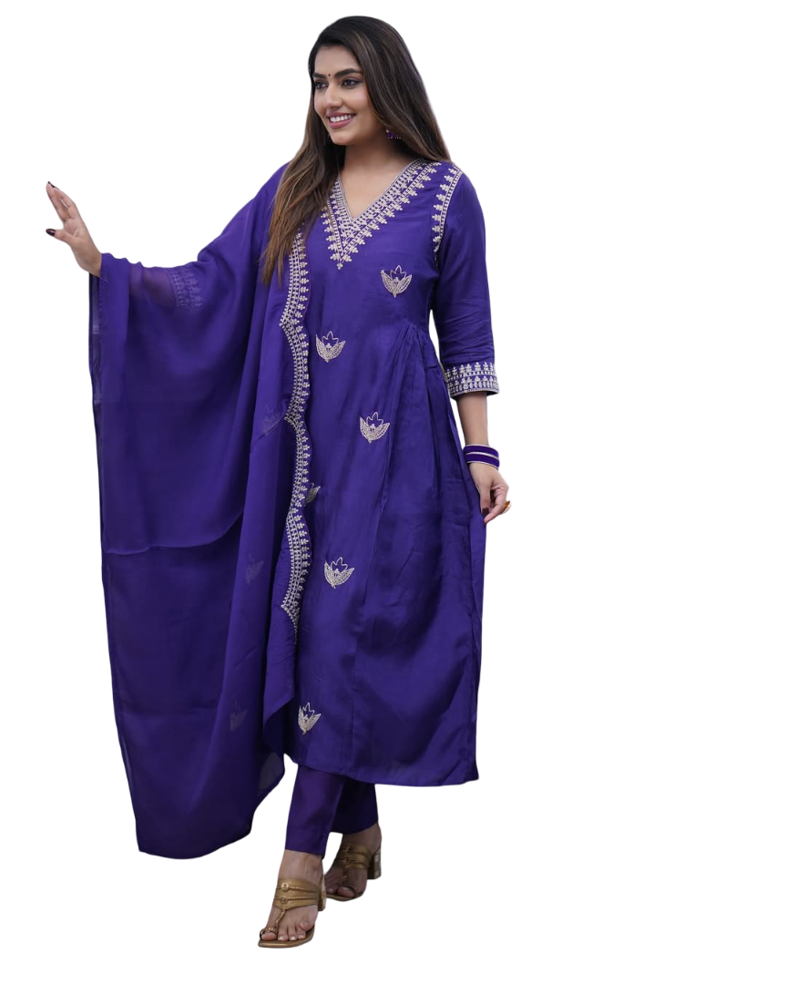 Aadesh Fashion Kavita Deep Purple PV Chanderi Flared Kurti Pant Set with Cutwork Dupatta