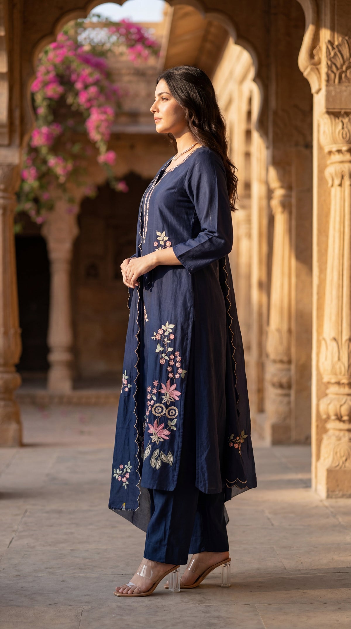 Navy Blue Chanderi Kurta Set – 3-Piece Pink Floral Embroidered Suit with Scalloped Dupatta
