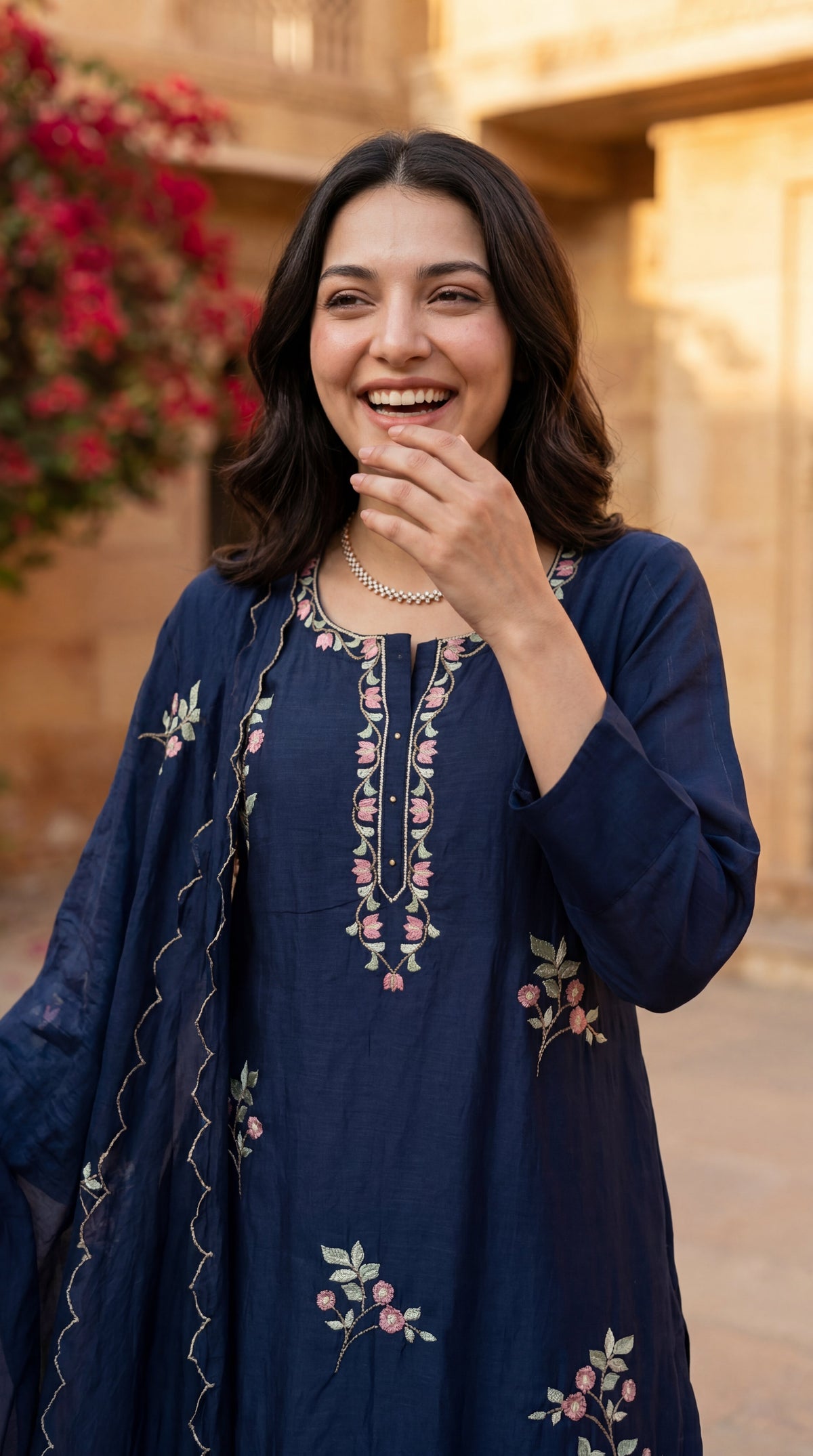 Navy Blue Chanderi Kurta Set – 3-Piece Pink Floral Embroidered Suit with Scalloped Dupatta
