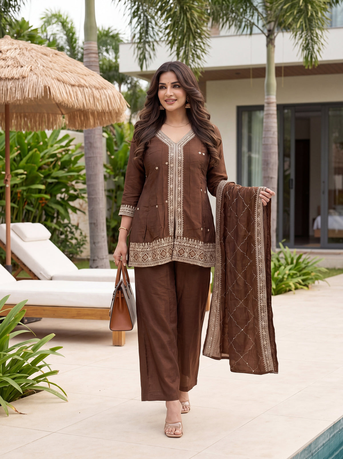 Aadesh Fashion Coffee Brown Vichitra Silk Short Kurti Flared Pant Set with Dupatta