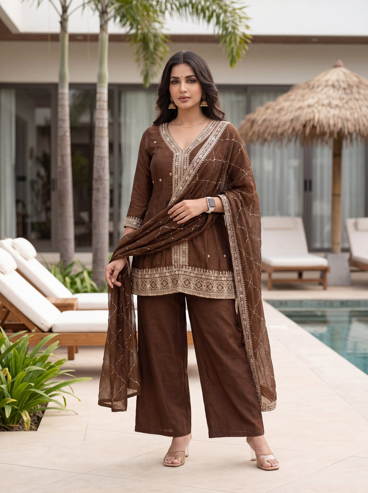 Aadesh Fashion Coffee Brown Vichitra Silk Short Kurti Flared Pant Set with Dupatta
