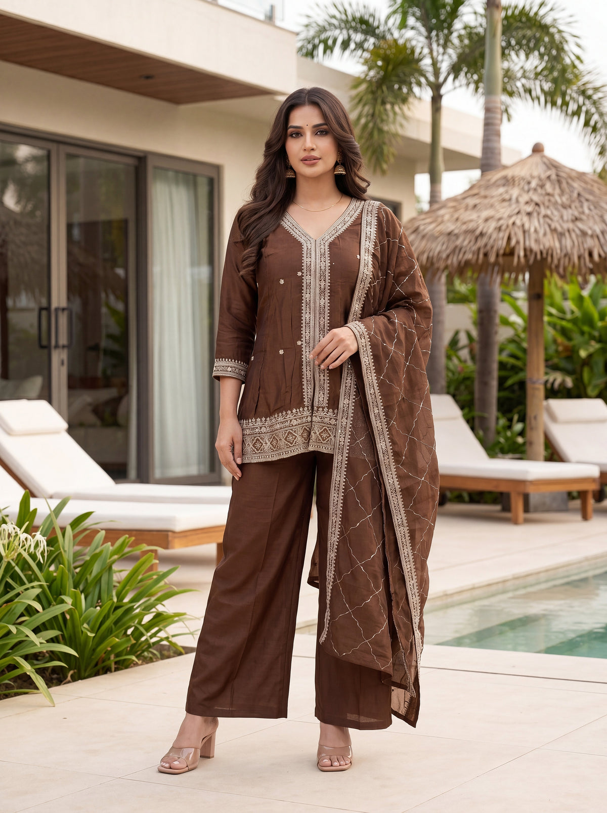 Aadesh Fashion Coffee Brown Vichitra Silk Short Kurti Flared Pant Set with Dupatta