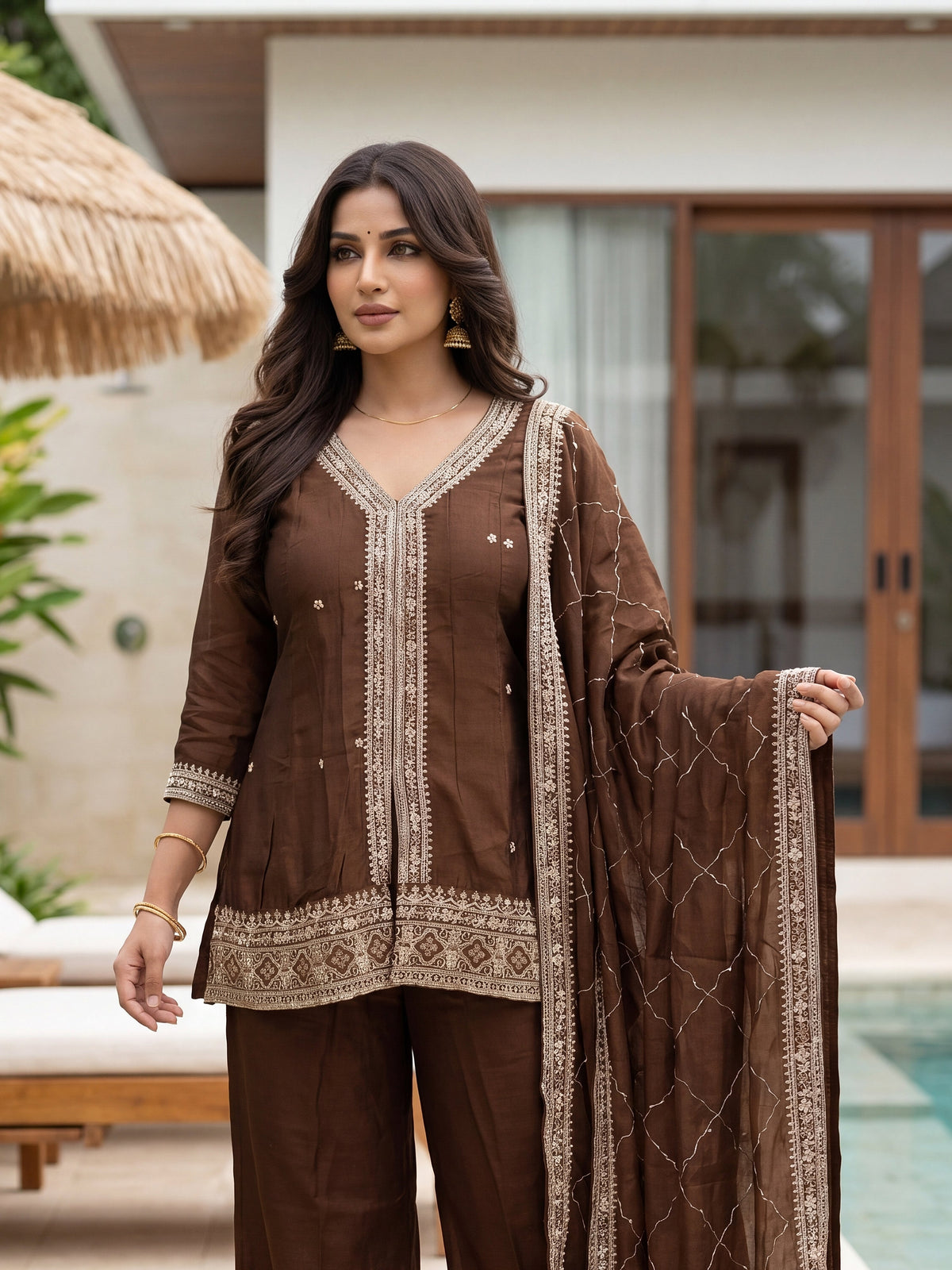 Aadesh Fashion Coffee Brown Vichitra Silk Short Kurti Flared Pant Set with Dupatta