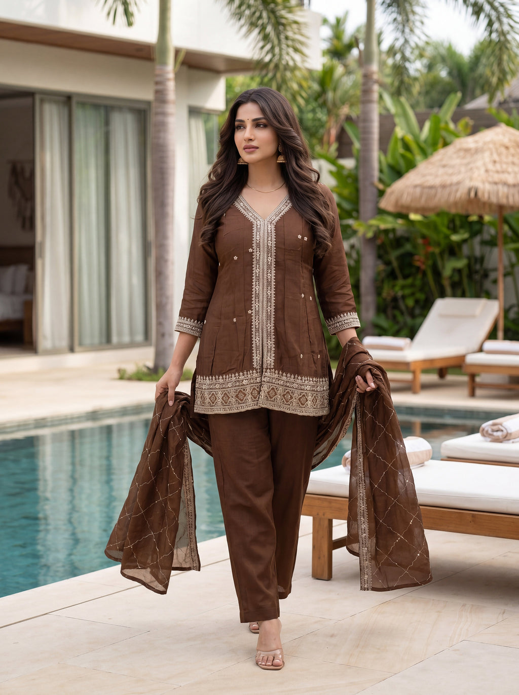 Aadesh Fashion Coffee Brown Vichitra Silk Short Kurti Flared Pant Set with Dupatta