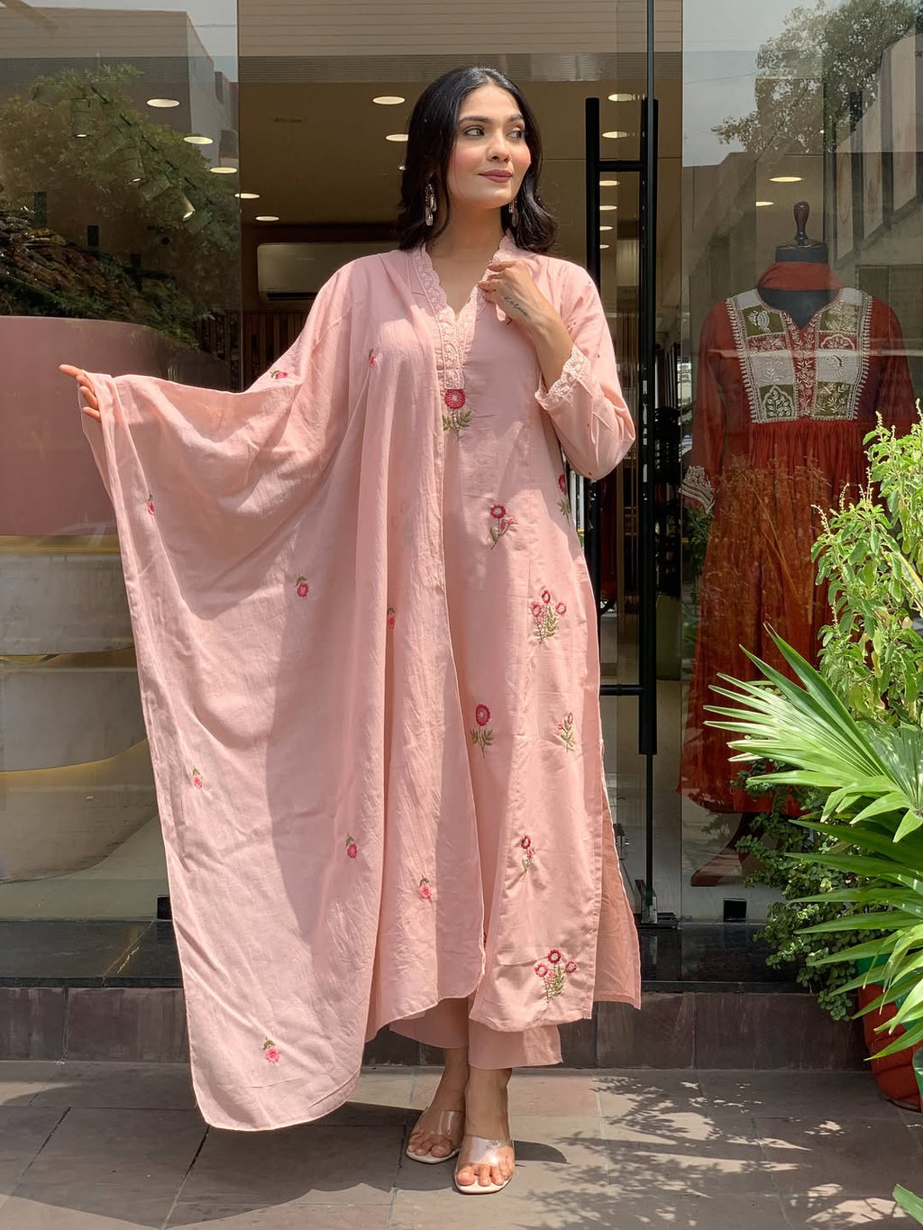 Peach Roman Silk Kurta Set – 3-Piece Floral Embroidered Suit with Chanderi Dupatta