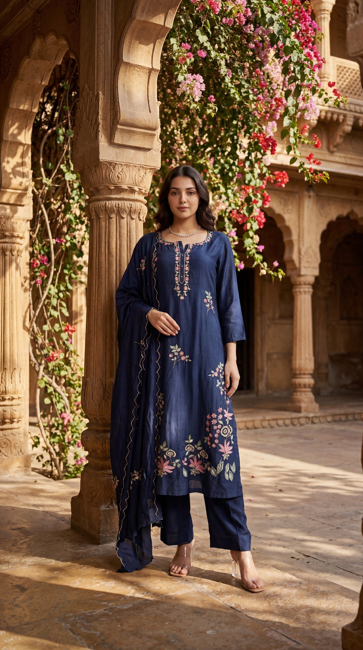 Navy Blue Chanderi Kurta Set – 3-Piece Pink Floral Embroidered Suit with Scalloped Dupatta