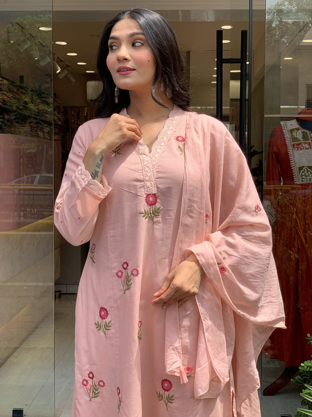 Peach Roman Silk Kurta Set – 3-Piece Floral Embroidered Suit with Chanderi Dupatta