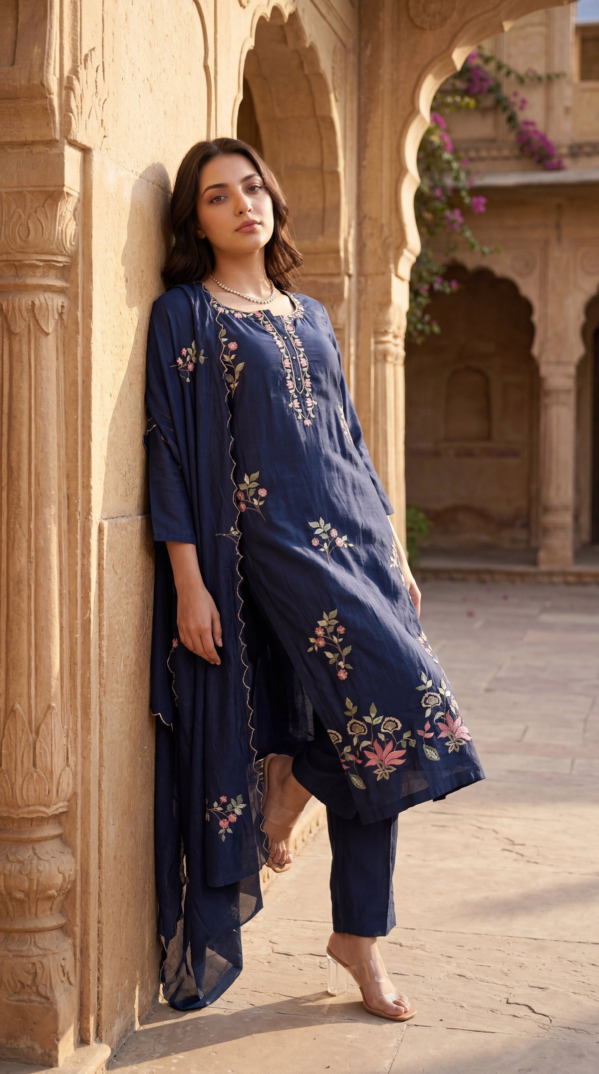 Navy Blue Chanderi Kurta Set – 3-Piece Pink Floral Embroidered Suit with Scalloped Dupatta