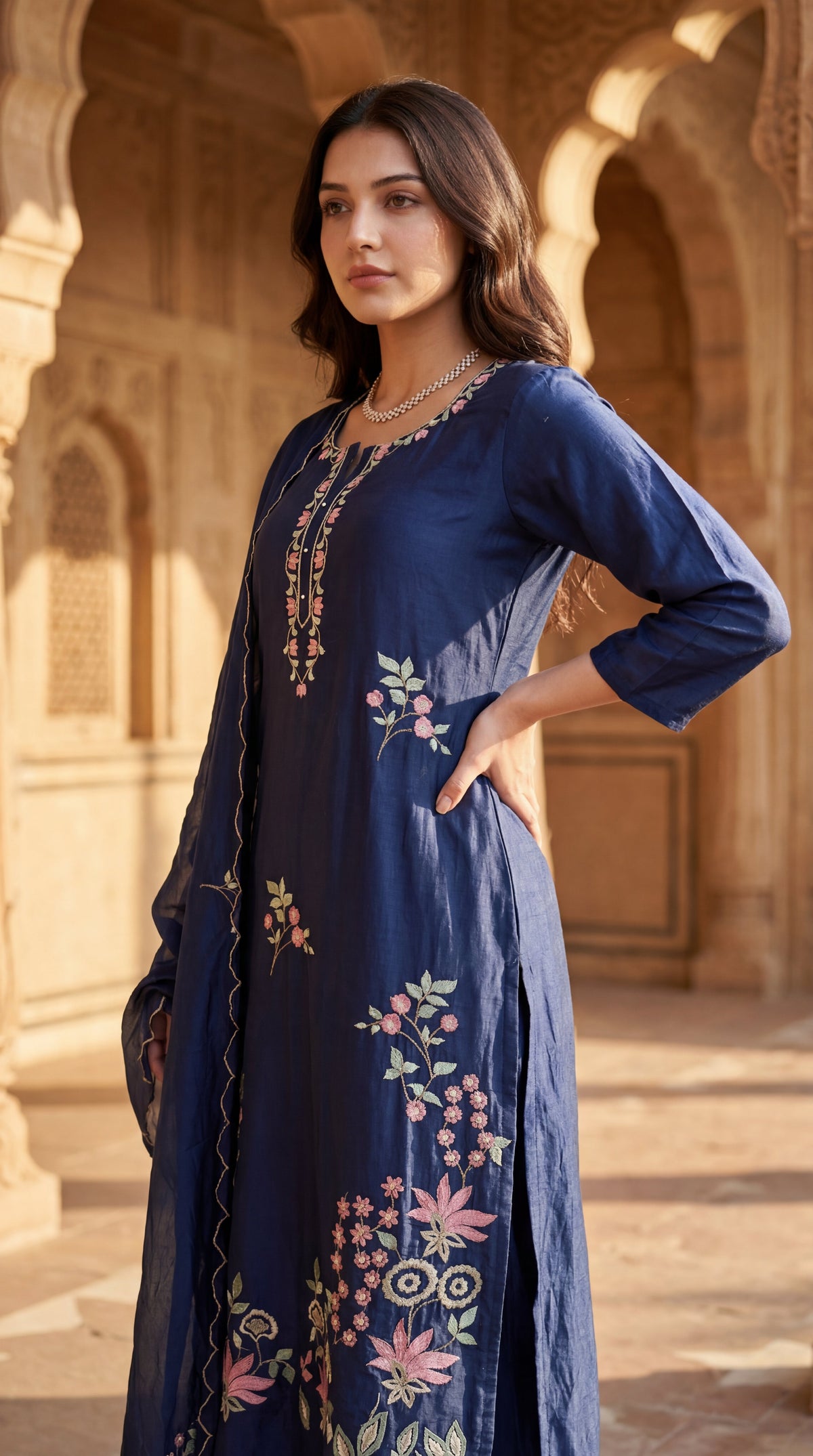 Navy Blue Chanderi Kurta Set – 3-Piece Pink Floral Embroidered Suit with Scalloped Dupatta