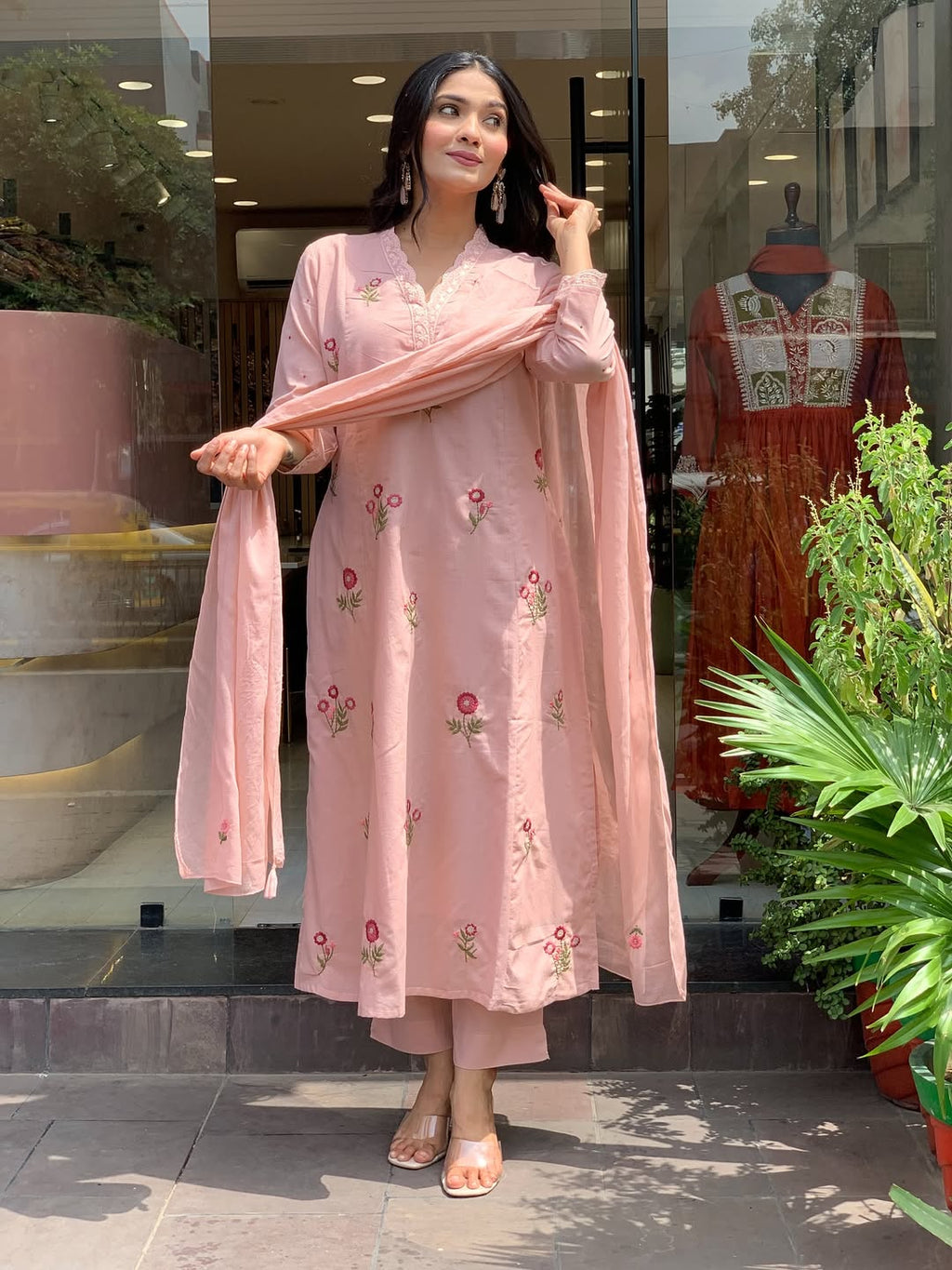Peach Roman Silk Kurta Set – 3-Piece Floral Embroidered Suit with Chanderi Dupatta