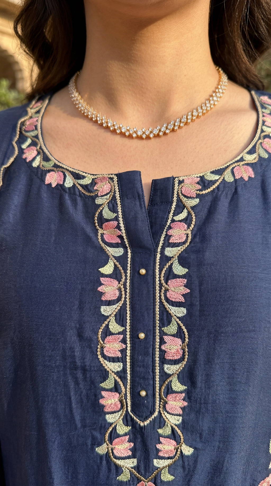 Navy Blue Chanderi Kurta Set – 3-Piece Pink Floral Embroidered Suit with Scalloped Dupatta