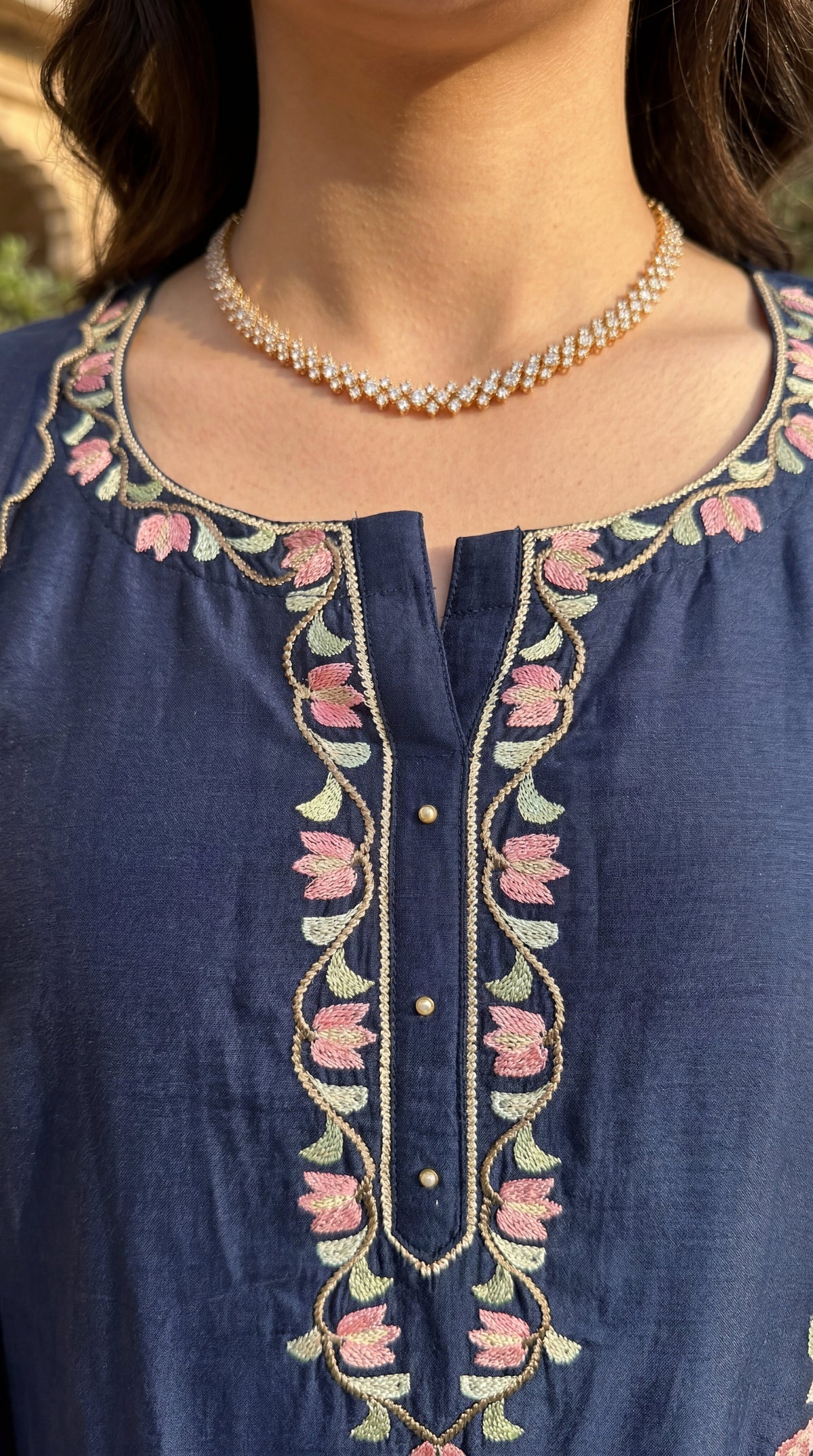 Navy Blue Chanderi Kurta Set – 3-Piece Pink Floral Embroidered Suit with Scalloped Dupatta