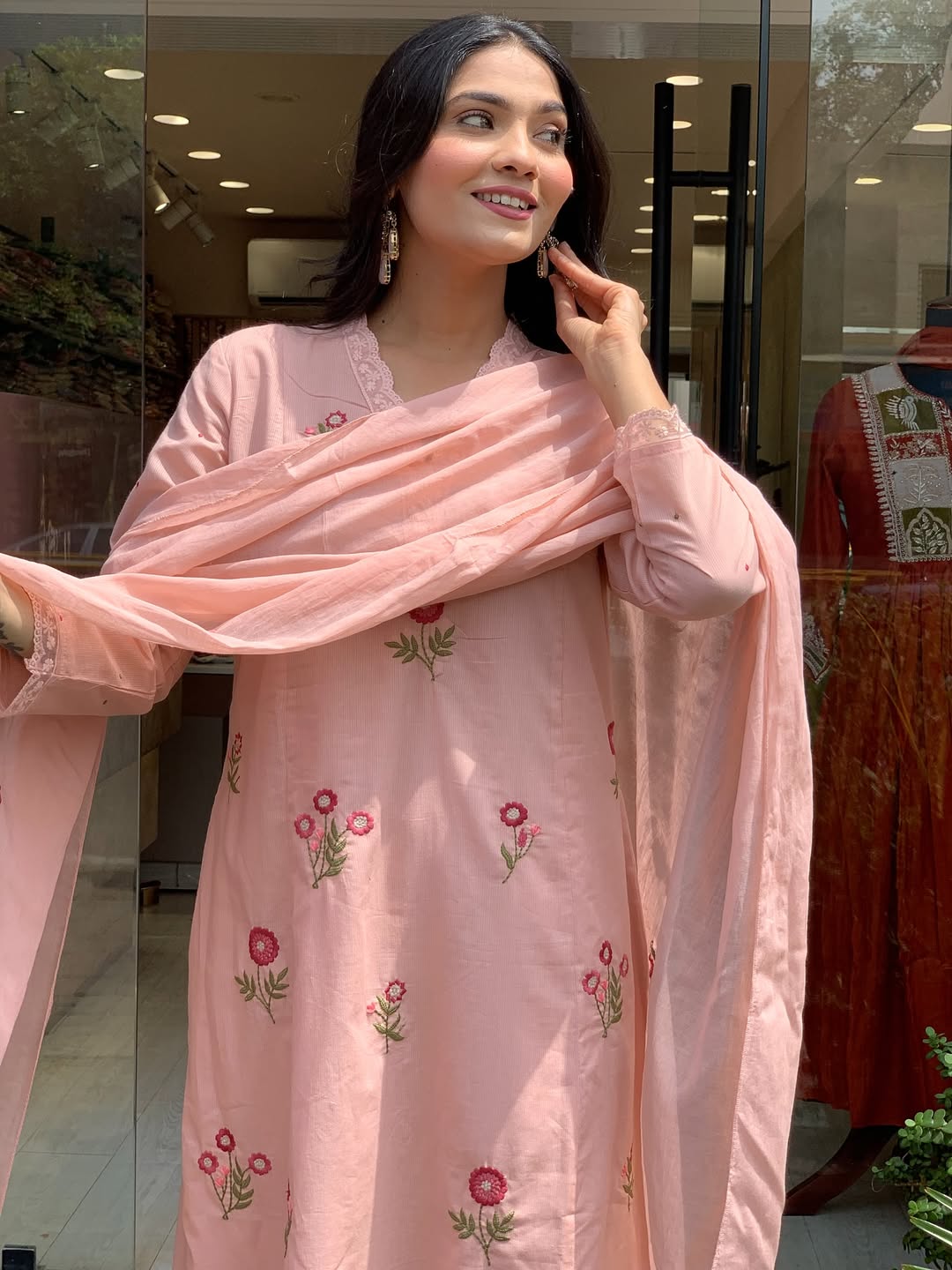 Peach Roman Silk Kurta Set – 3-Piece Floral Embroidered Suit with Chanderi Dupatta