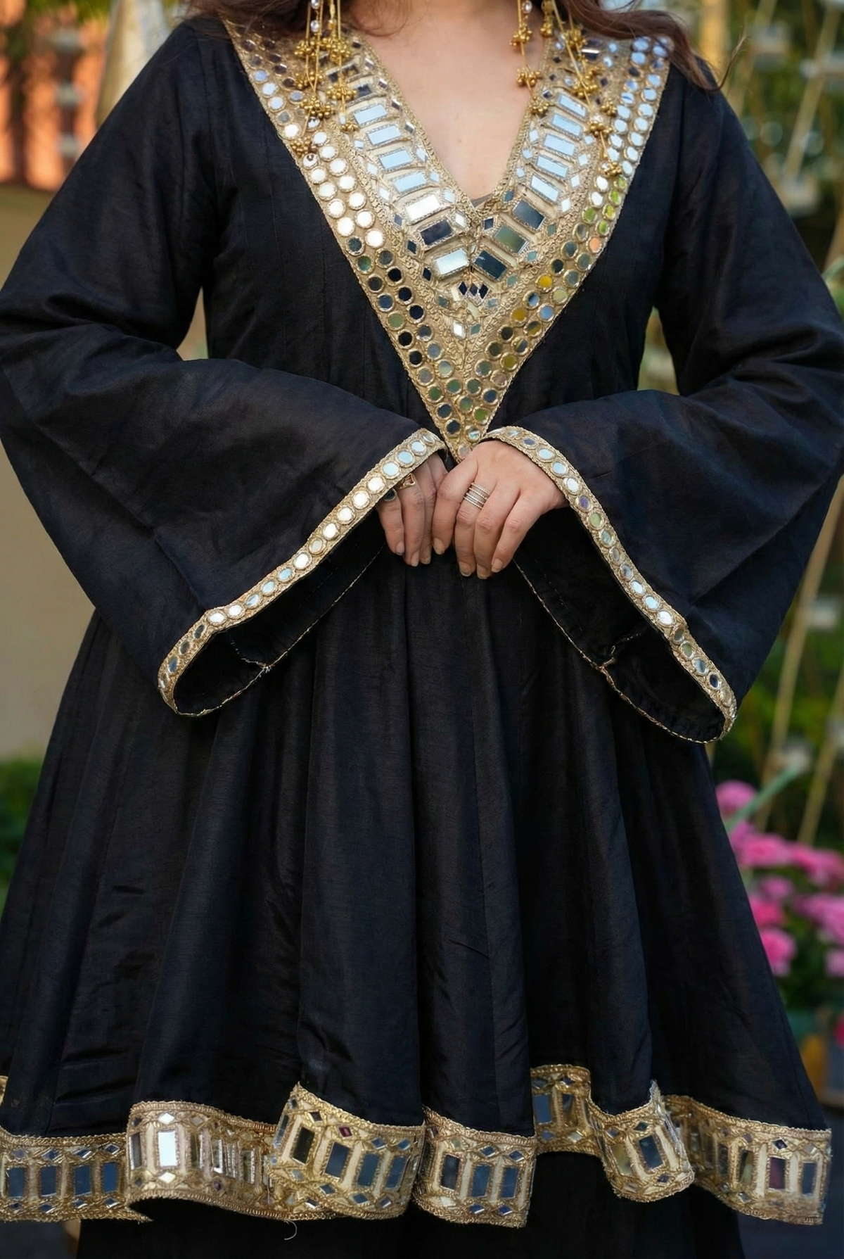 Aadesh Fashion Jet Black Heavy Mirror Work Chinon Silk Short Anarkali Sharara Set