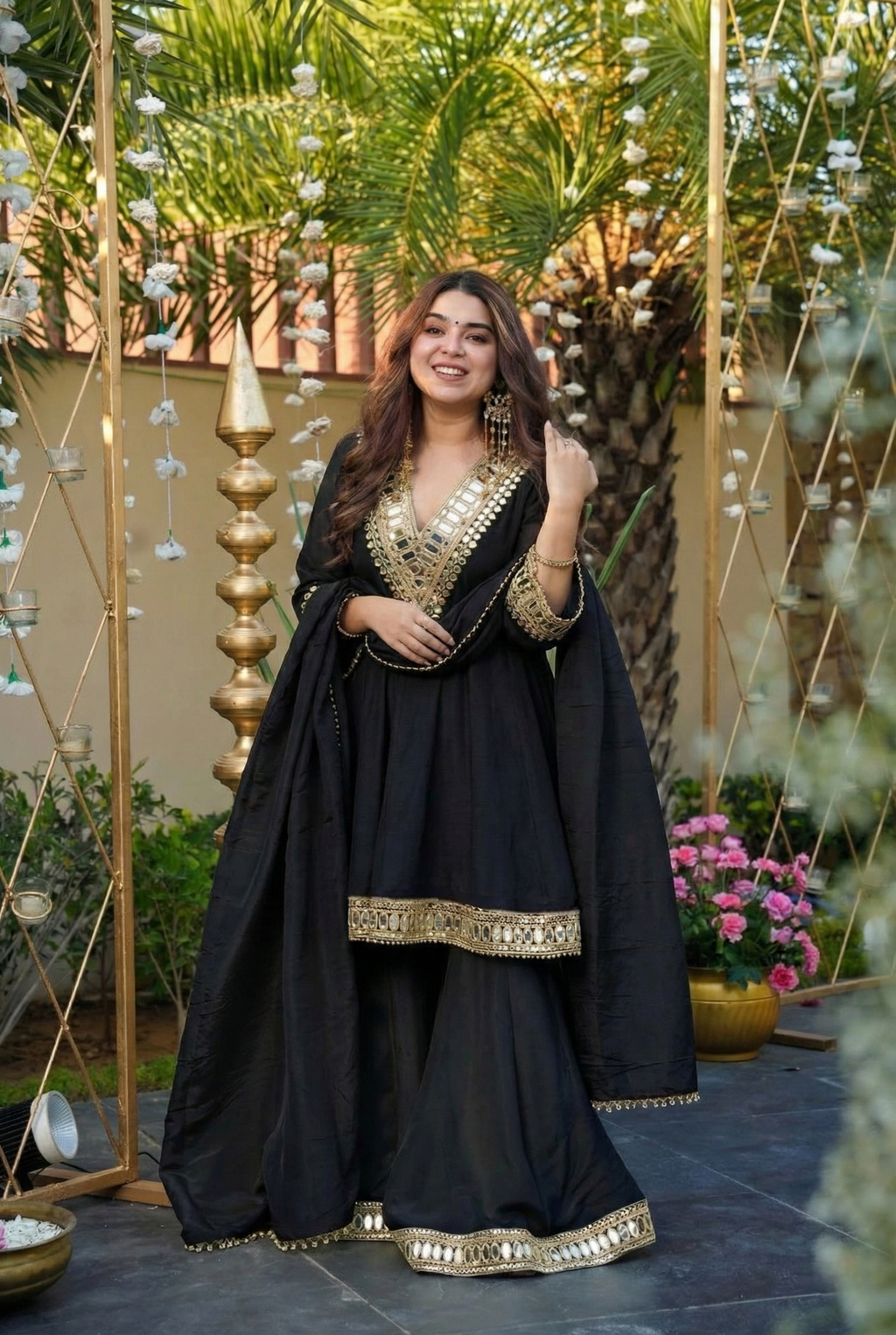 Aadesh Fashion Jet Black Heavy Mirror Work Chinon Silk Short Anarkali Sharara Set