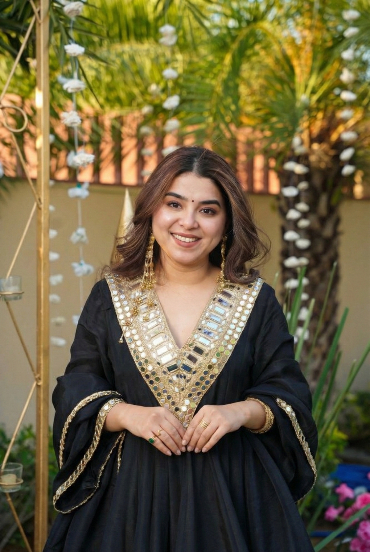 Aadesh Fashion Jet Black Heavy Mirror Work Chinon Silk Short Anarkali Sharara Set