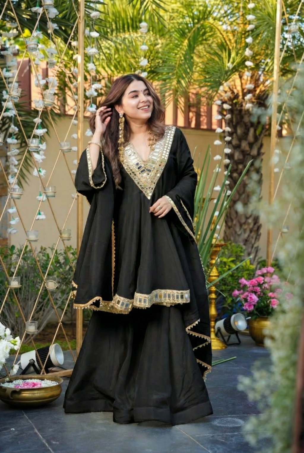 Aadesh Fashion Jet Black Heavy Mirror Work Chinon Silk Short Anarkali Sharara Set