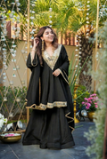 Aadesh Fashion Jet Black Heavy Mirror Work Chinon Silk Short Anarkali Sharara Set