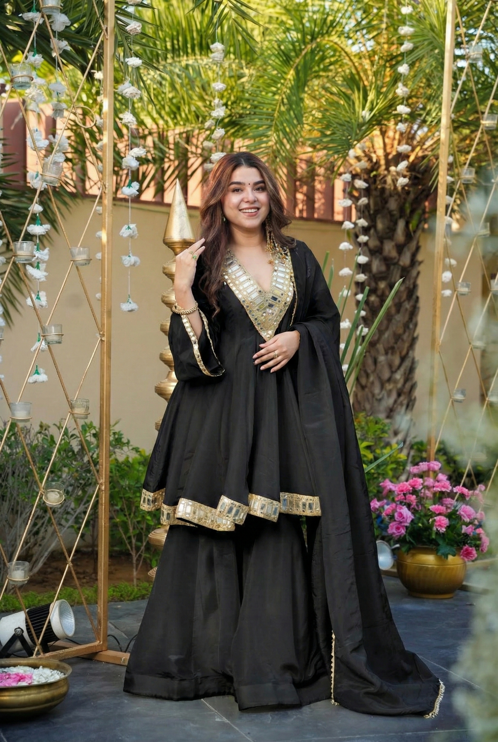 Aadesh Fashion Jet Black Heavy Mirror Work Chinon Silk Short Anarkali Sharara Set