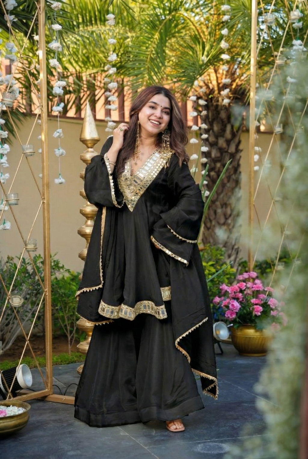 Aadesh Fashion Jet Black Heavy Mirror Work Chinon Silk Short Anarkali Sharara Set