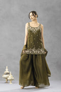 Aadesh Fashion Nazneen Deep Olive Green Shimmer Satin Short Kurti Sharara Set