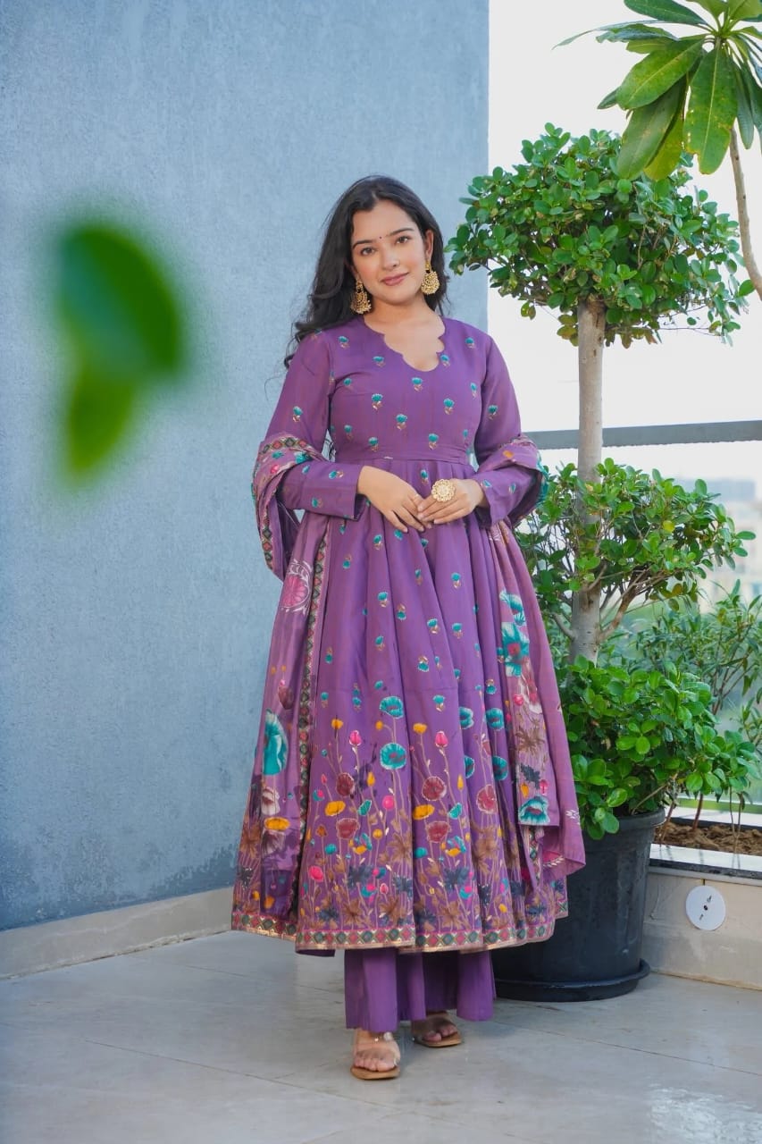 Aadesh Fashion Gulmohar Tales Lavender Muslin Flared Anarkali Suit Set with Muslin Dupatta