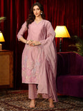 Luxury Mauve Pink Roman Silk Kurta Set with Scalloped Dupatta – 3-Piece Flamingo & Floral Embroidered Festive Salwar Suit