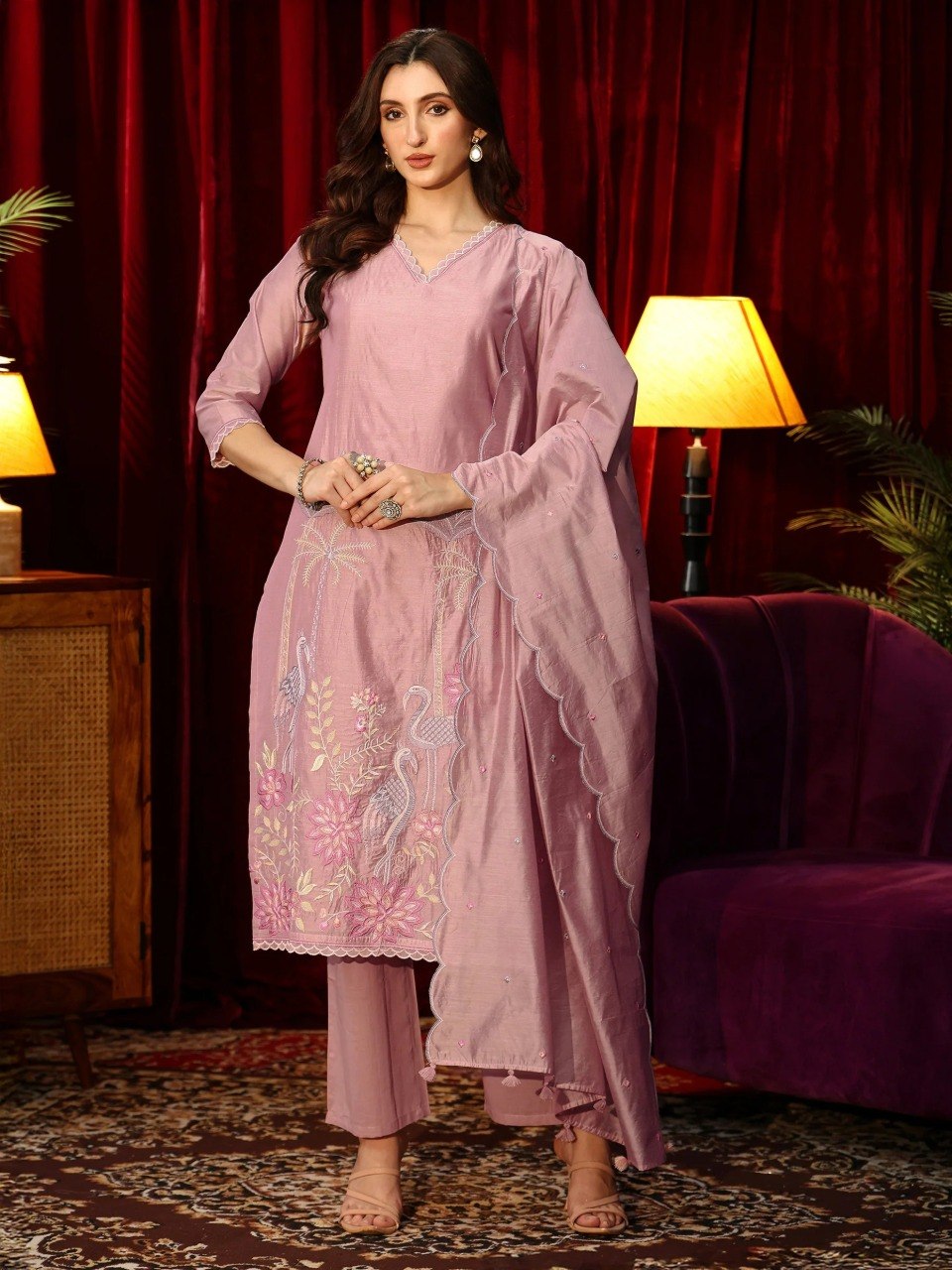 Luxury Mauve Pink Roman Silk Kurta Set with Scalloped Dupatta – 3-Piece Flamingo & Floral Embroidered Festive Salwar Suit
