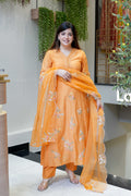 Aadesh Fashion Kesar Orange Muslin A-Line Kurti Pant Set with Scalloped Organza Dupatta