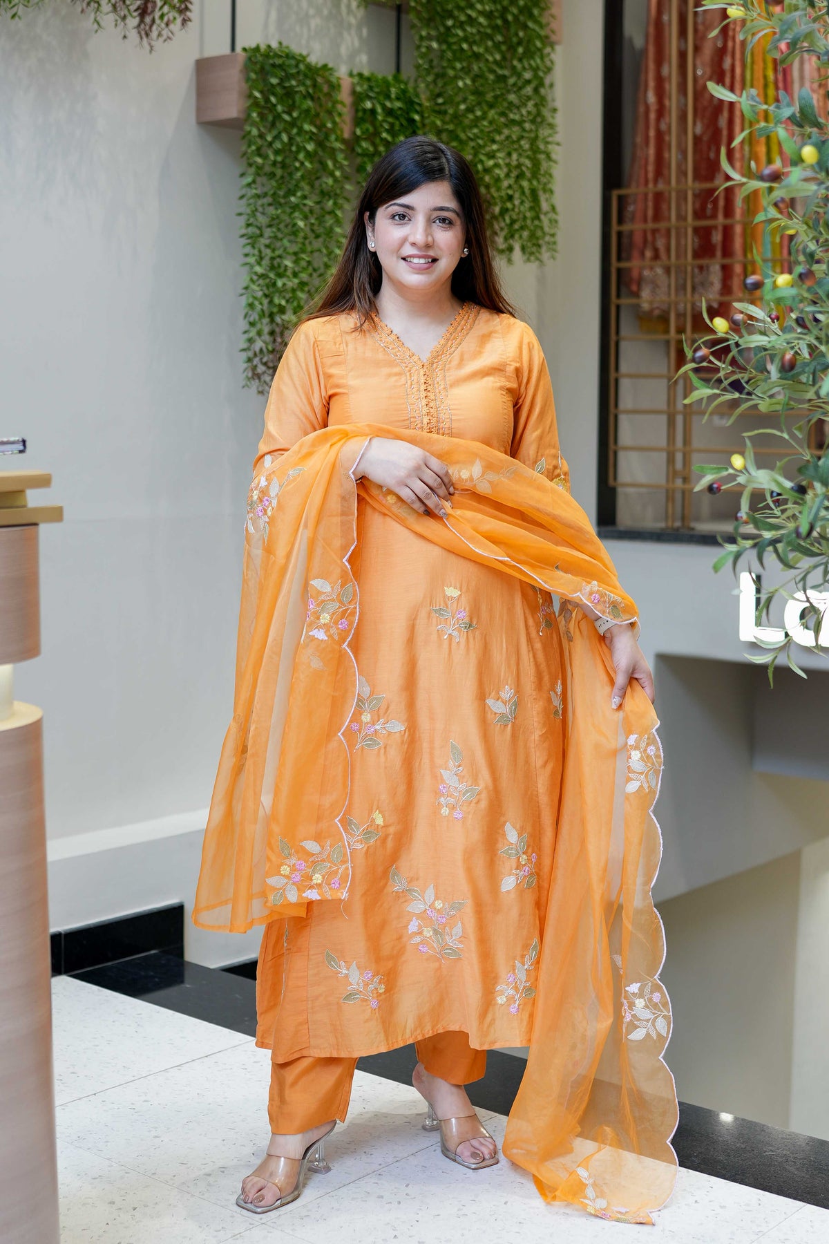 Aadesh Fashion Kesar Orange Muslin A-Line Kurti Pant Set with Scalloped Organza Dupatta