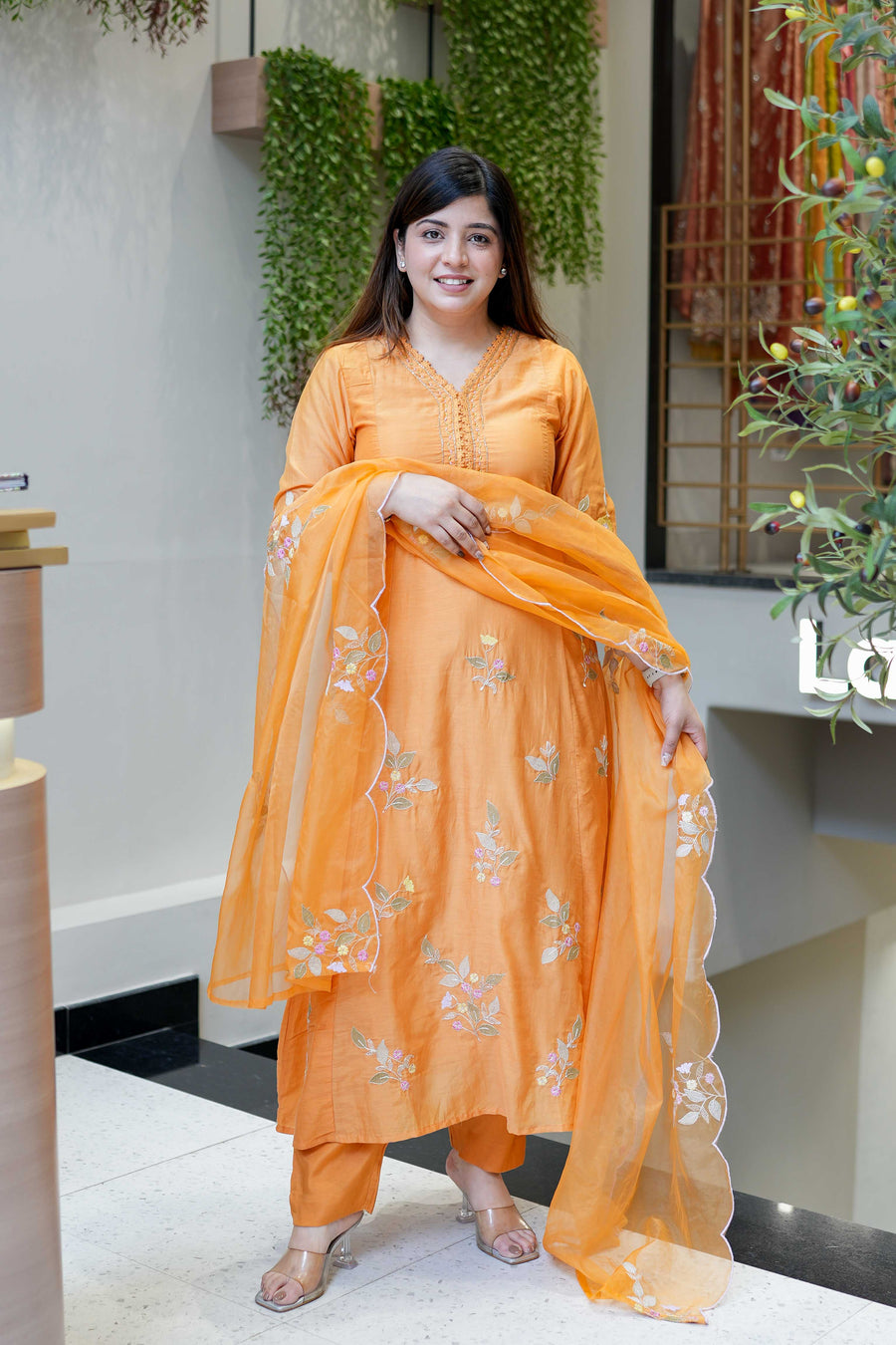 Aadesh Fashion Kesar Orange Muslin A-Line Kurti Pant Set with Scalloped Organza Dupatta