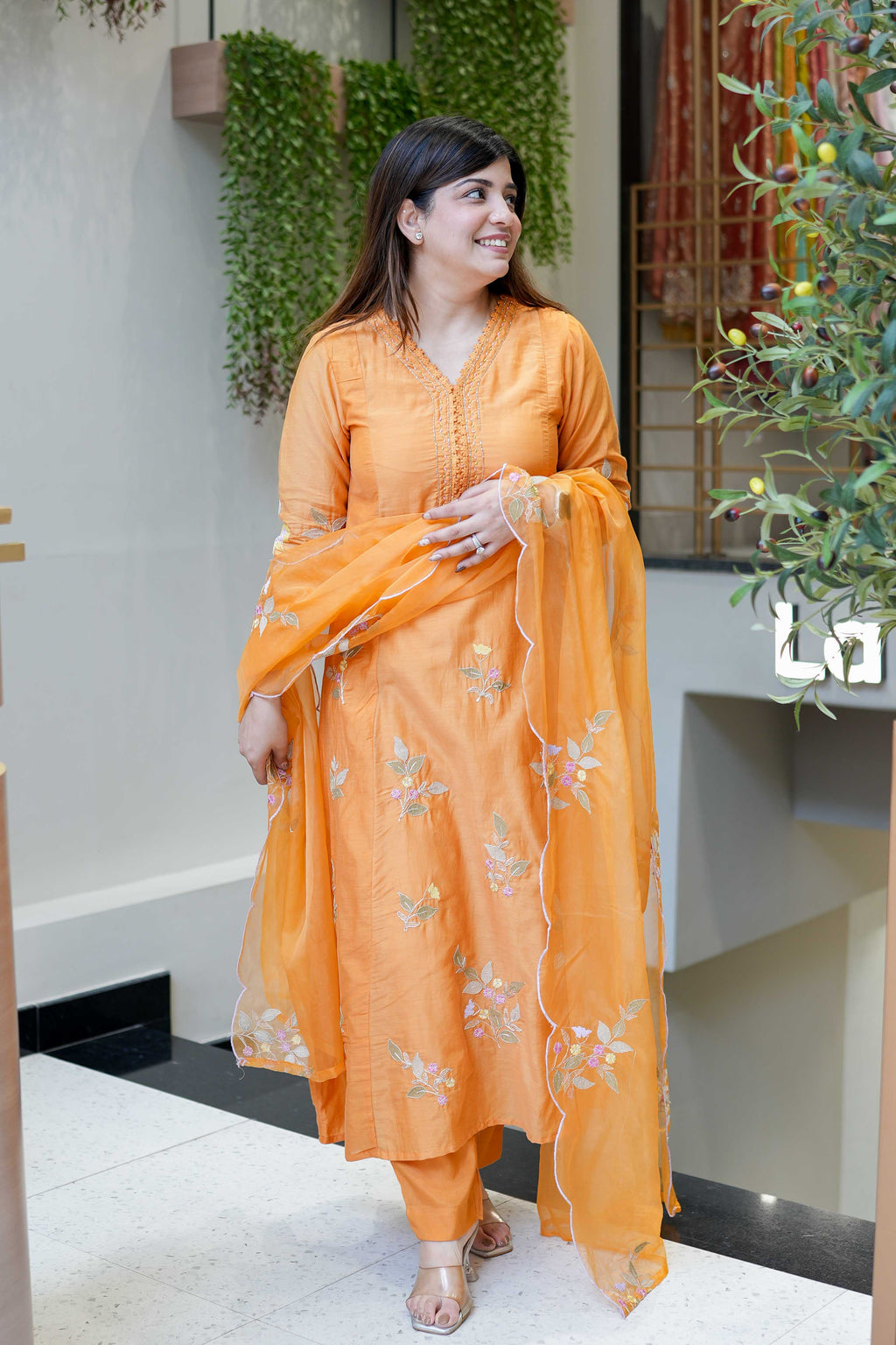 Aadesh Fashion Kesar Orange Muslin A-Line Kurti Pant Set with Scalloped Organza Dupatta