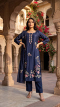 Navy Blue Chanderi Kurta Set – 3-Piece Pink Floral Embroidered Suit with Scalloped Dupatta