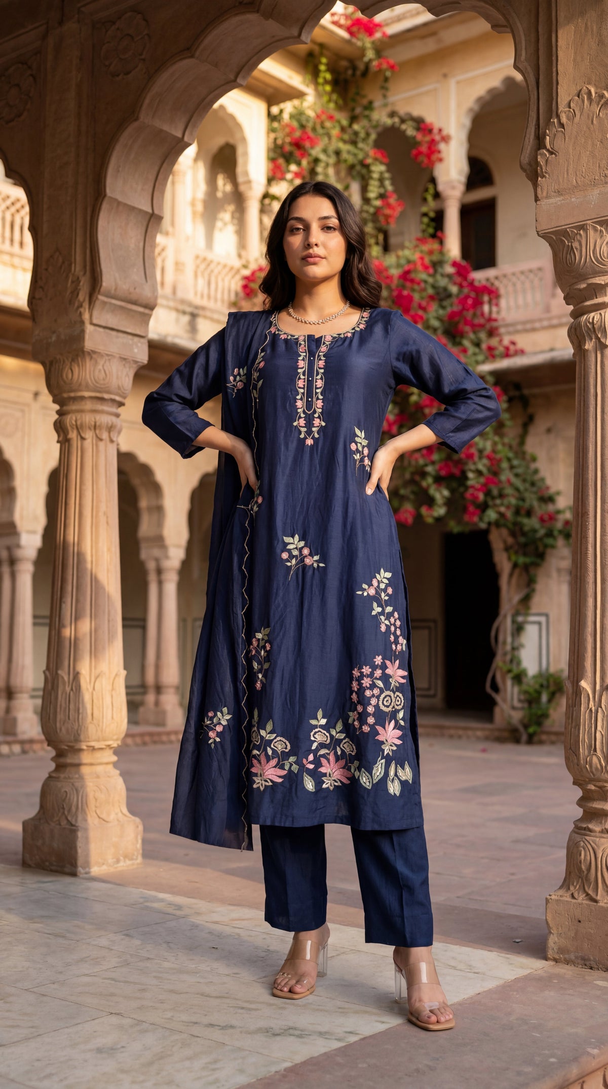 Navy Blue Chanderi Kurta Set – 3-Piece Pink Floral Embroidered Suit with Scalloped Dupatta