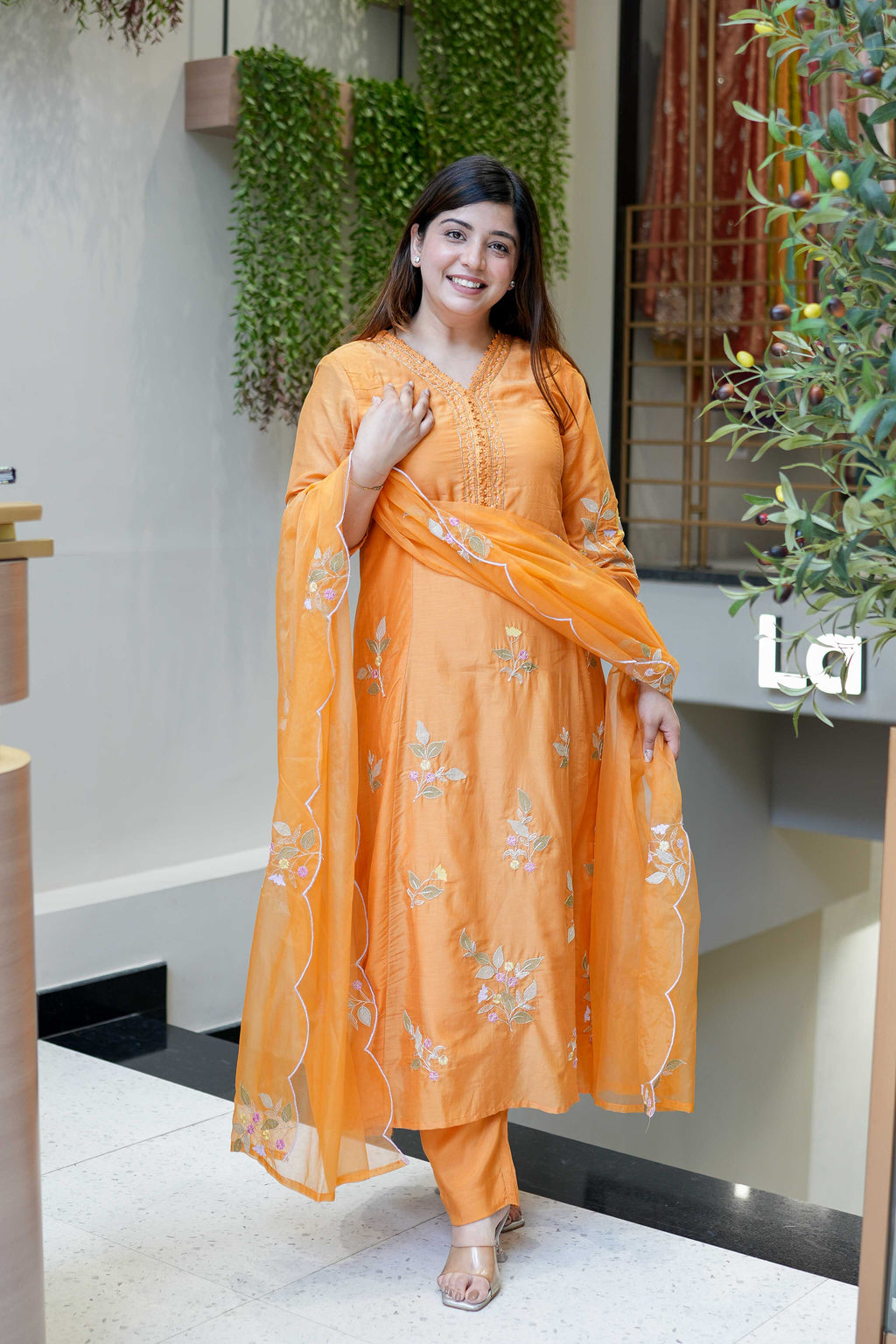 Aadesh Fashion Kesar Orange Muslin A-Line Kurti Pant Set with Scalloped Organza Dupatta