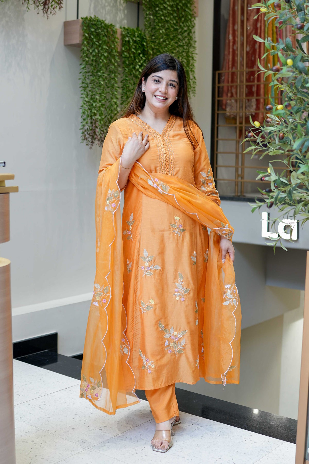 Aadesh Fashion Kesar Orange Muslin A-Line Kurti Pant Set with Scalloped Organza Dupatta