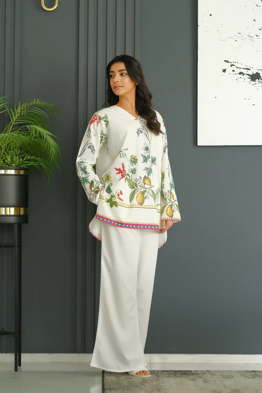 Aadesh Fashion Paris Off-White Citrus Lemon Rayon Printed Designer Co-ord Set