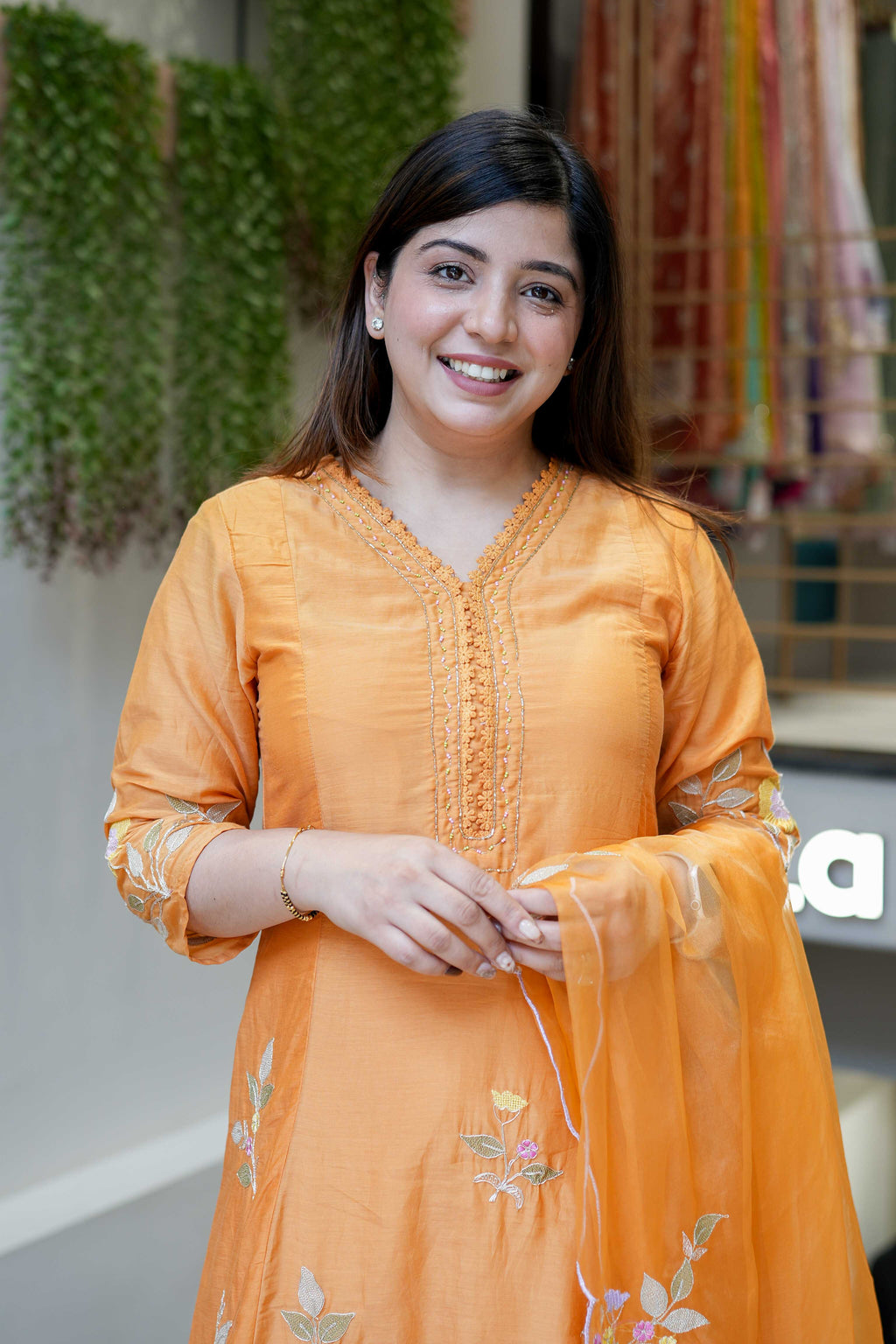 Aadesh Fashion Kesar Orange Muslin A-Line Kurti Pant Set with Scalloped Organza Dupatta