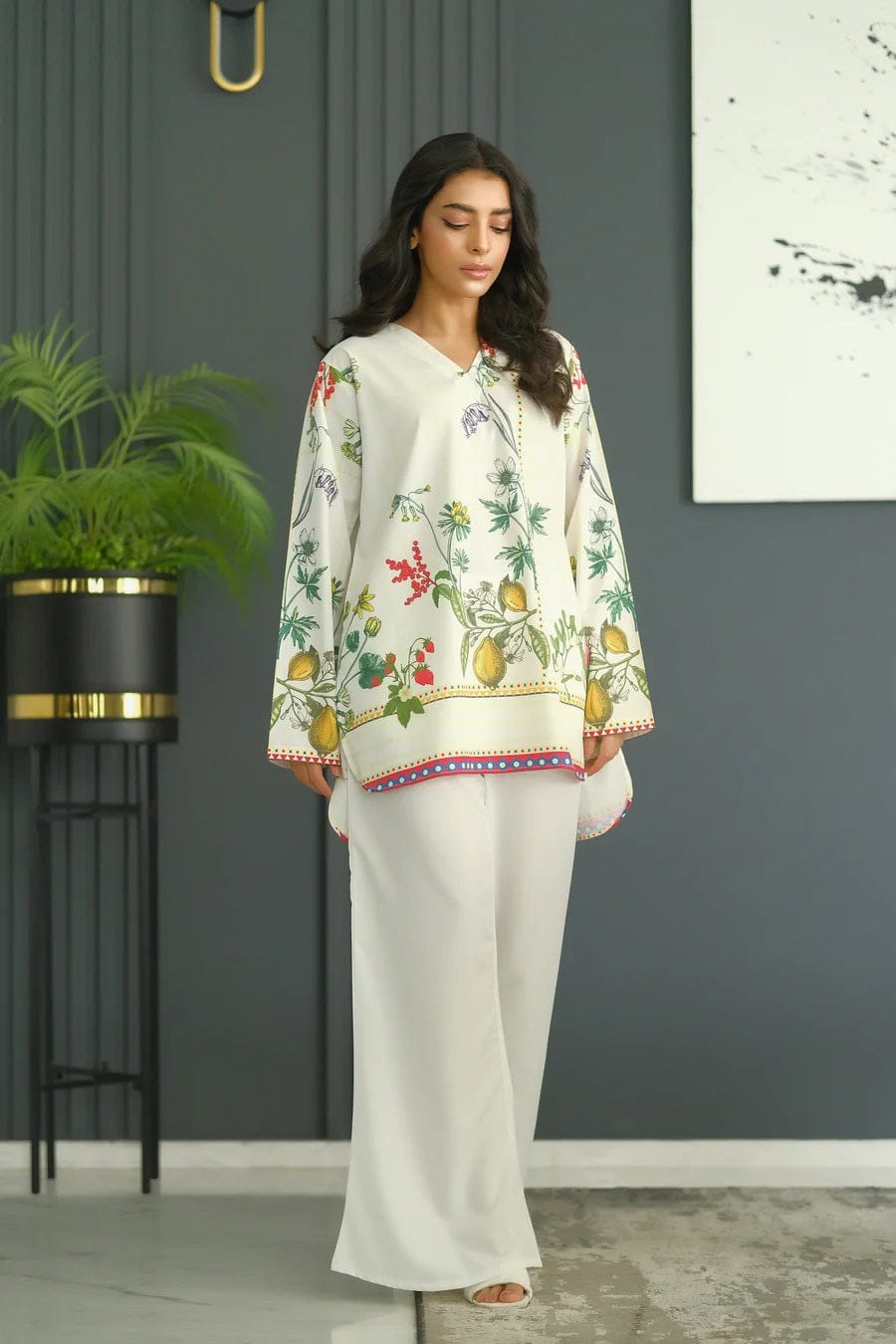 Aadesh Fashion Paris Off-White Citrus Lemon Rayon Printed Designer Co-ord Set