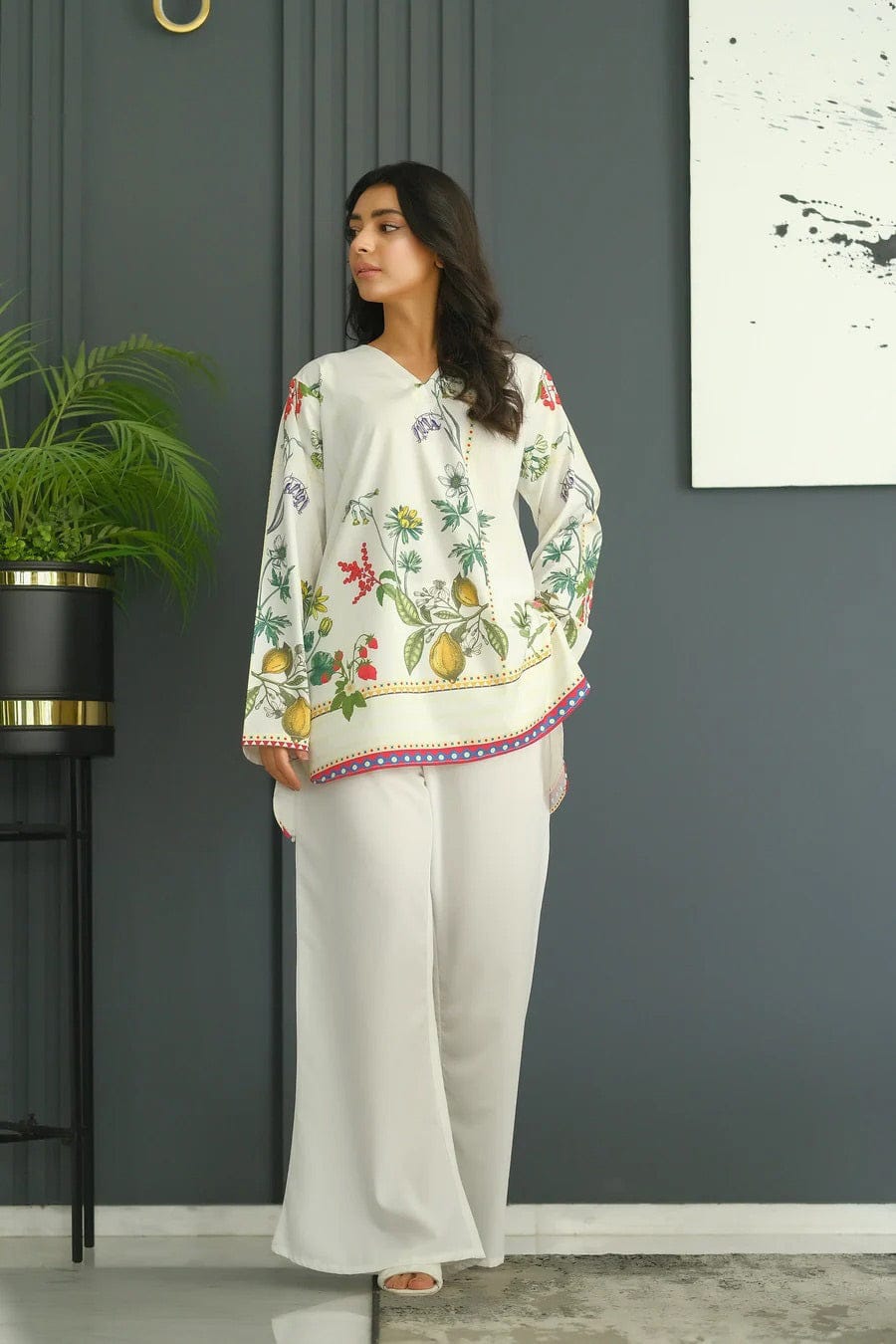 Aadesh Fashion Paris Off-White Citrus Lemon Rayon Printed Designer Co-ord Set