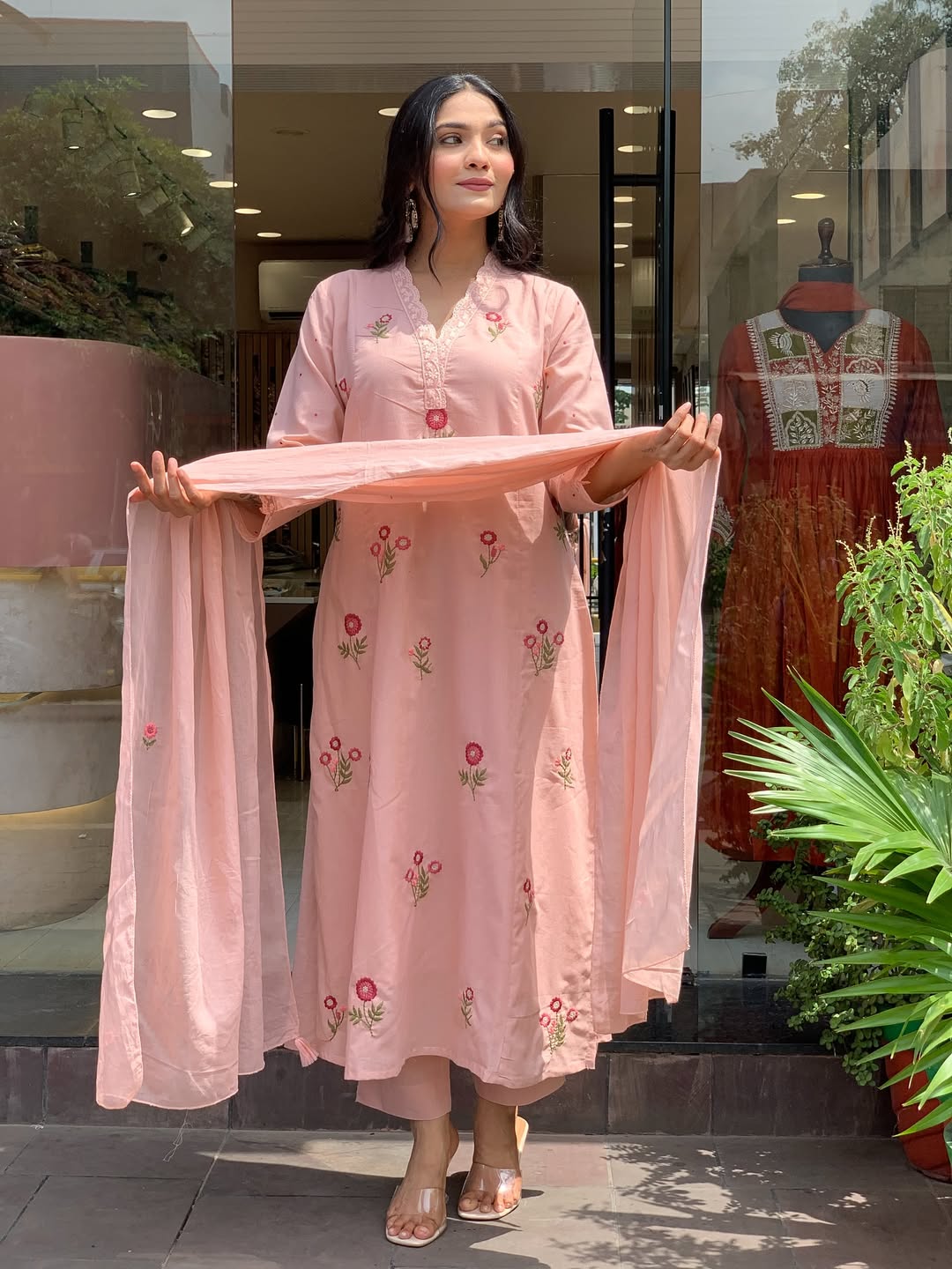 Peach Roman Silk Kurta Set – 3-Piece Floral Embroidered Suit with Chanderi Dupatta