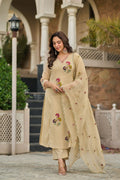 Elegant Beige Roman Silk Kurta Set with Scalloped Floral Embroidery Dupatta – 3-Piece Luxury Monochrome Salwar Suit