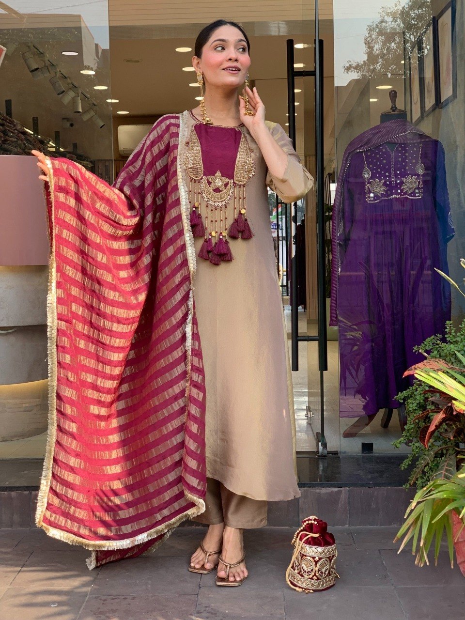 Festive Beige Roman Silk Kurta Set with Wine Zari Jacquard Dupatta – 3-Piece Heavy Hand-Embroidered Salwar Suit