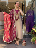 Festive Beige Roman Silk Kurta Set with Wine Zari Jacquard Dupatta – 3-Piece Heavy Hand-Embroidered Salwar Suit