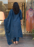 Aadesh Fashion Prussian Blue Rayon Slub V-Neck Kurti Pant Set with Chanderi Dupatta