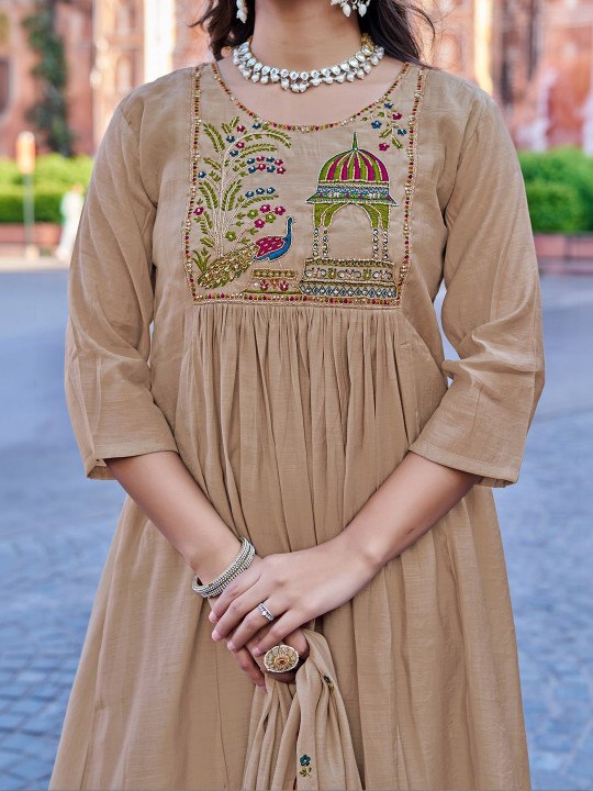 Heritage Beige Roman Silk Flared Kurta Set with Scalloped Jharokha Dupatta – 3-Piece Peacock Embroidered Salwar Suit
