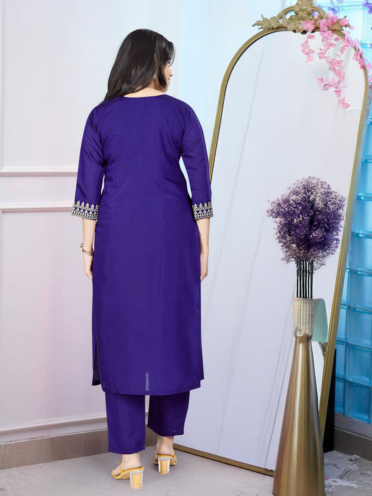 Aadesh Fashion Kavita Deep Purple PV Chanderi Flared Kurti Pant Set with Cutwork Dupatta