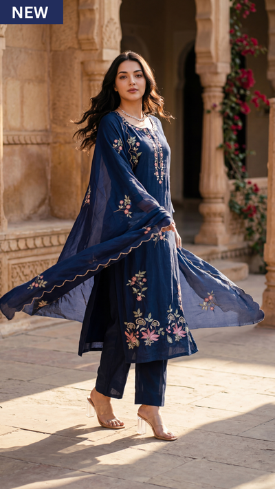 Navy Blue Chanderi Kurta Set – 3-Piece Pink Floral Embroidered Suit with Scalloped Dupatta