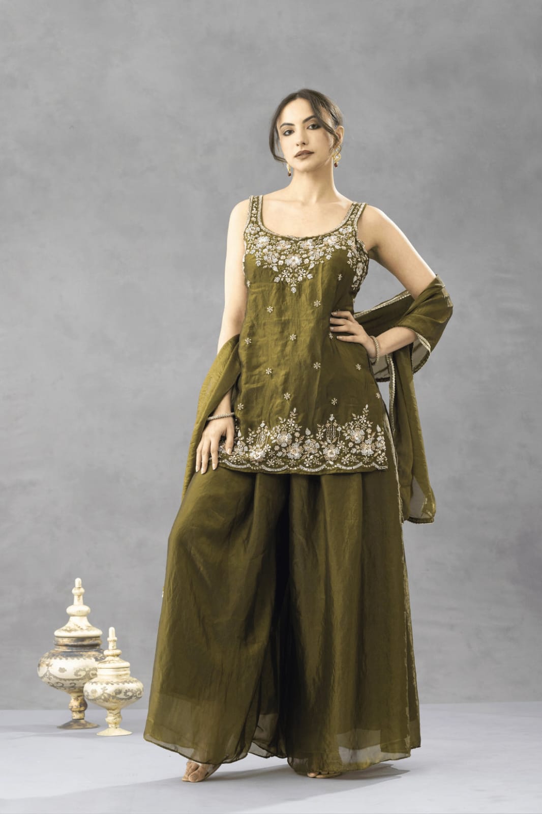 Aadesh Fashion Nazneen Deep Olive Green Shimmer Satin Short Kurti Sharara Set